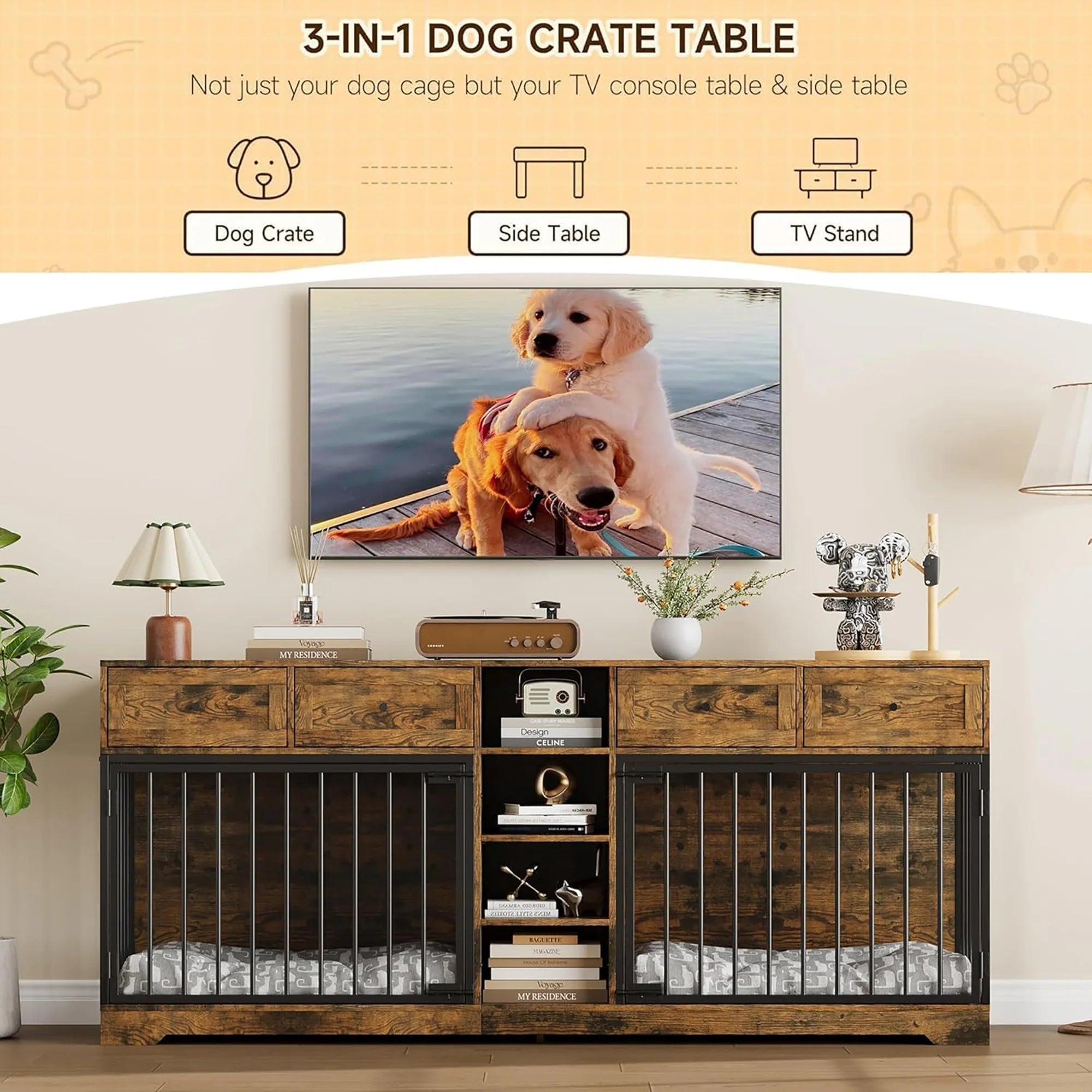 82'' Large Double Dog Crate Furniture TV Stand With 4 Drawers Shelves Heavy Duty Wooden Indoor Kennel For 2 Medium Large Dogs