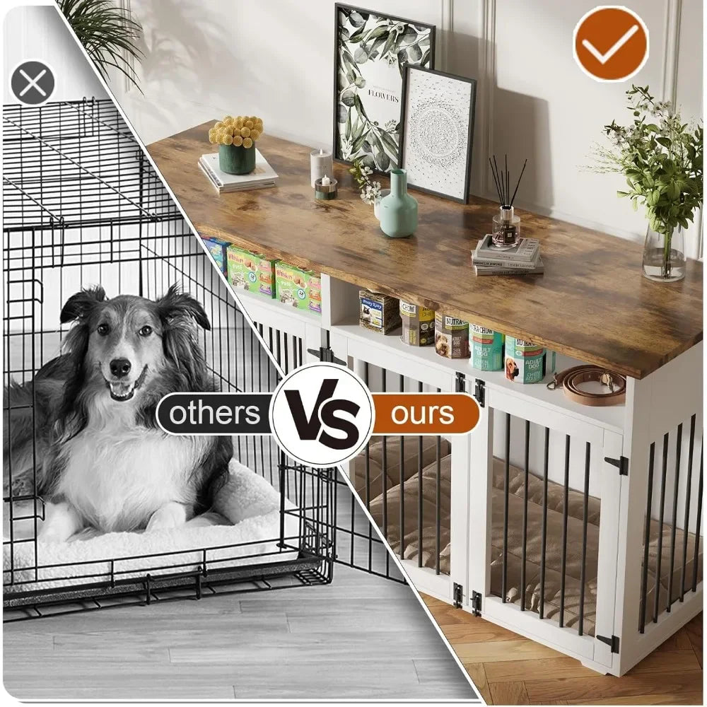 72 Inch Dog Crate Furniture for 2 Dogs Wooden Dog Crate with Storage Compartments Indoor Kennel with 4 Doors