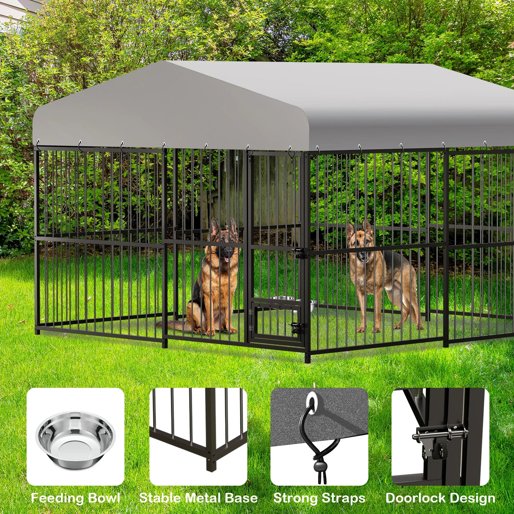 Large Dog Kennel Outside Heavy-Duty Outdoor Dog Cage Walk-in Pet Playpen with Roof， Double Lock, Enclosures with UV-Resistant