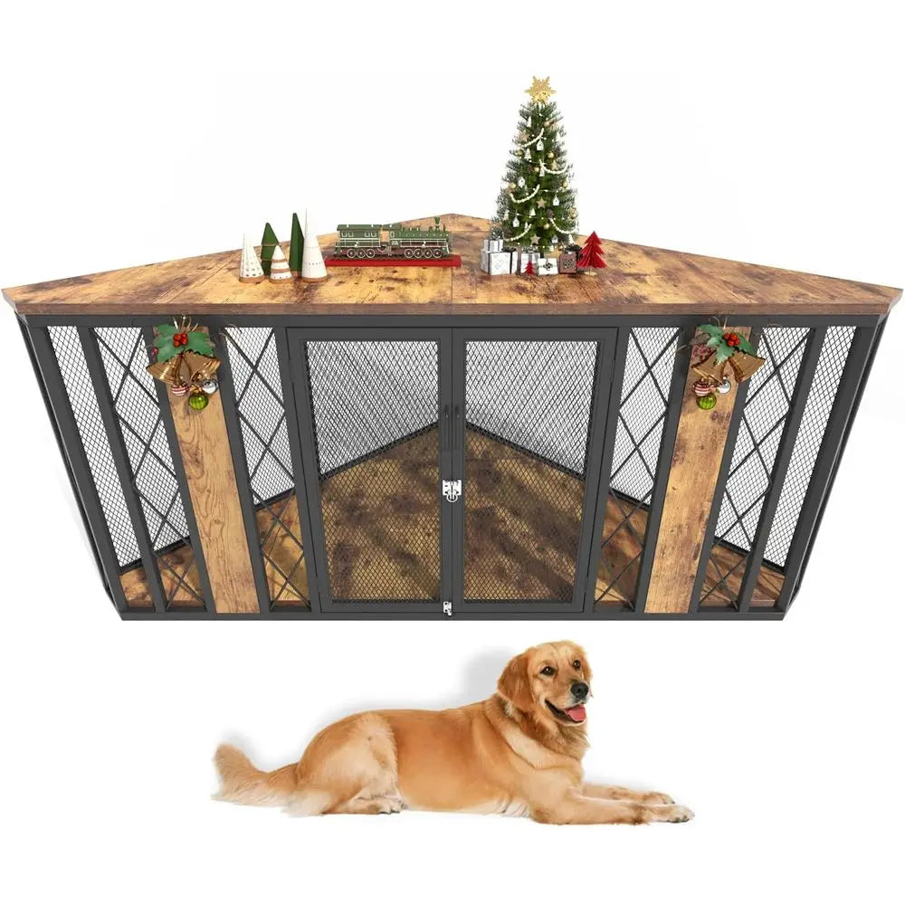 67" Corner Wooden Dog Crate Furniture with Diamond Metal Decoration, Pet Kennel for Small, Medium and Large Dogs, Space-Saving D