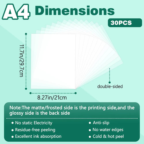 30 Sheets of Dtf Transfer Film Paper A4 Double-Sided Pet Film Paper Cold/Hot Peel Printing Dtf for Direct DIY Transfer on T-Shirt Fabrics