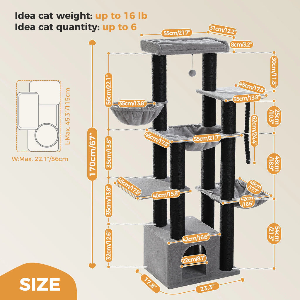 Cat Tower with Several Levels Cat House Climbing Tree with Hammock 11 Sisal Posts Large Perch