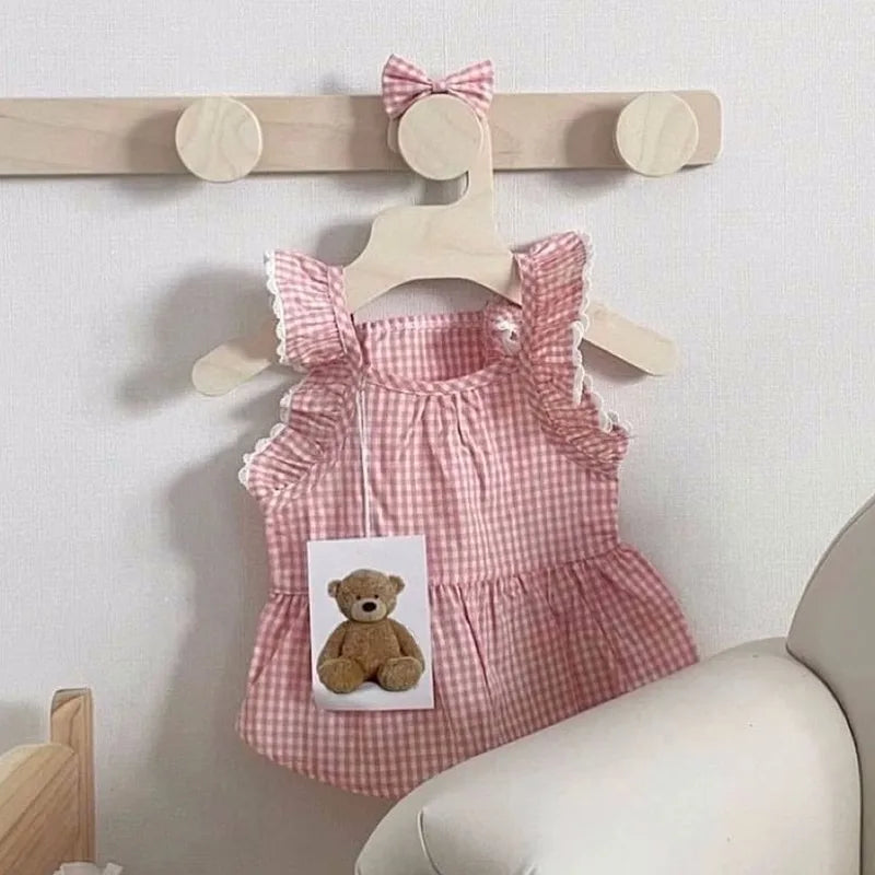 Spring/summer new pet dog dress pink plaid lace lace soft and comfortable pet clothes suitable for cats and dogs