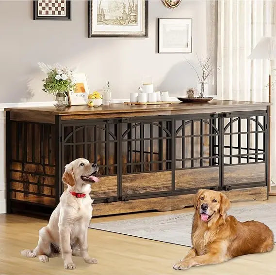 86 inch double dog crate furniture for 2 large dogs, decorative dog kennel indoor tv stand, heavy duty wooden dog cage for larg