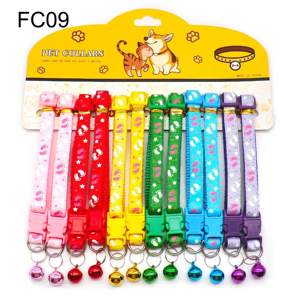 12Pcs Wholesale Mix Color Anti-Lost Dog Collars Pet Cat Puppy Buckle Collar with Bell 6 Colors Footprint