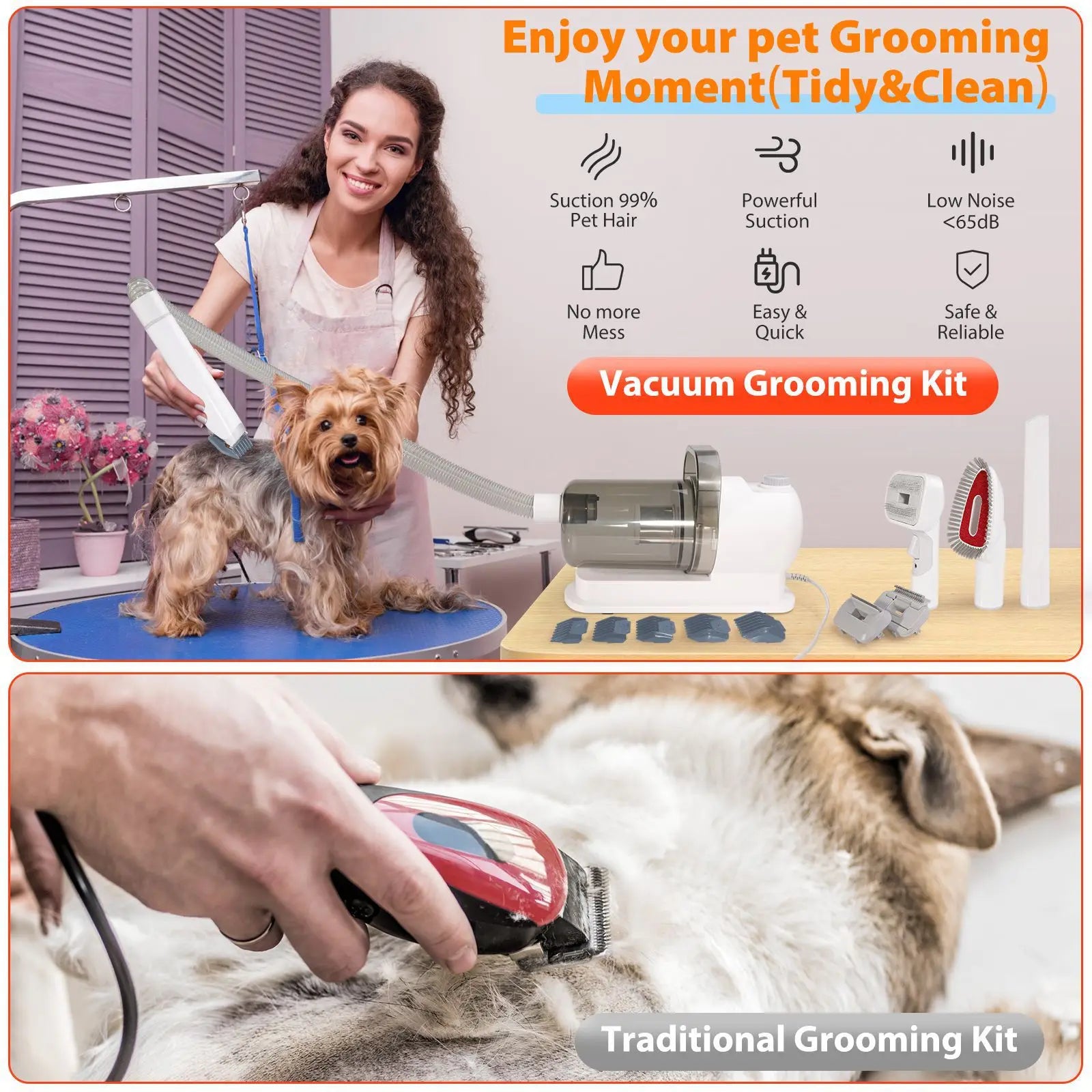 Pet Shavers Grooming Kit & Vacuum Suction 99% Pet Hair Professional Clippers with 6 Sizes Guide Combs Long or Short Hair Cat Dog
