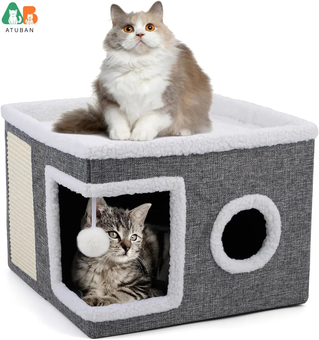 Cat Beds for Indoor Cats,Large Cat Cave with Cozy Condo,Fluffy Hanging Ball,Foldable Indoor Cat House Hold Up to 30LBS