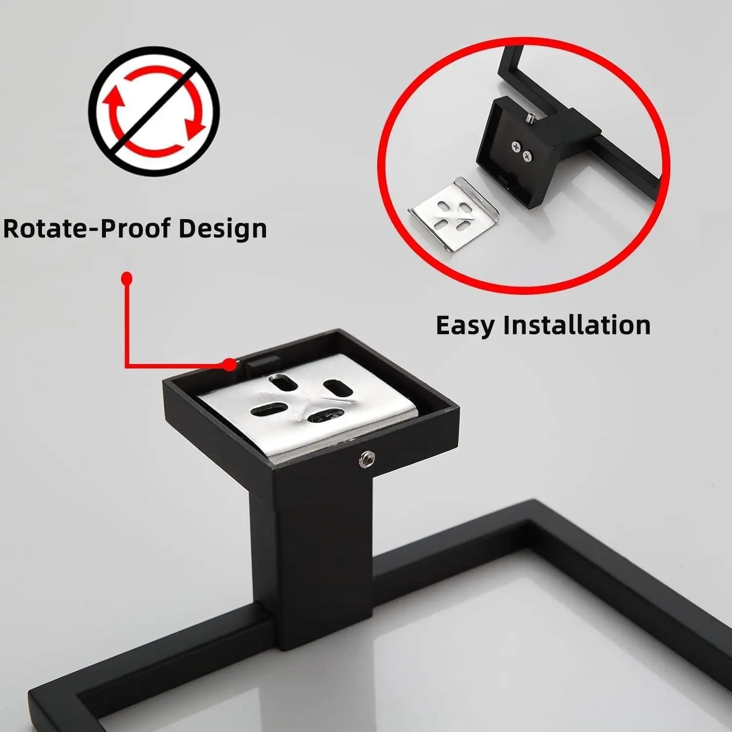 Square Towel Ring Matte Black Hand Towel Holder, Stainless Steel Towel Rack for Bathroom Wall Mounted Kitchen Towel Holder