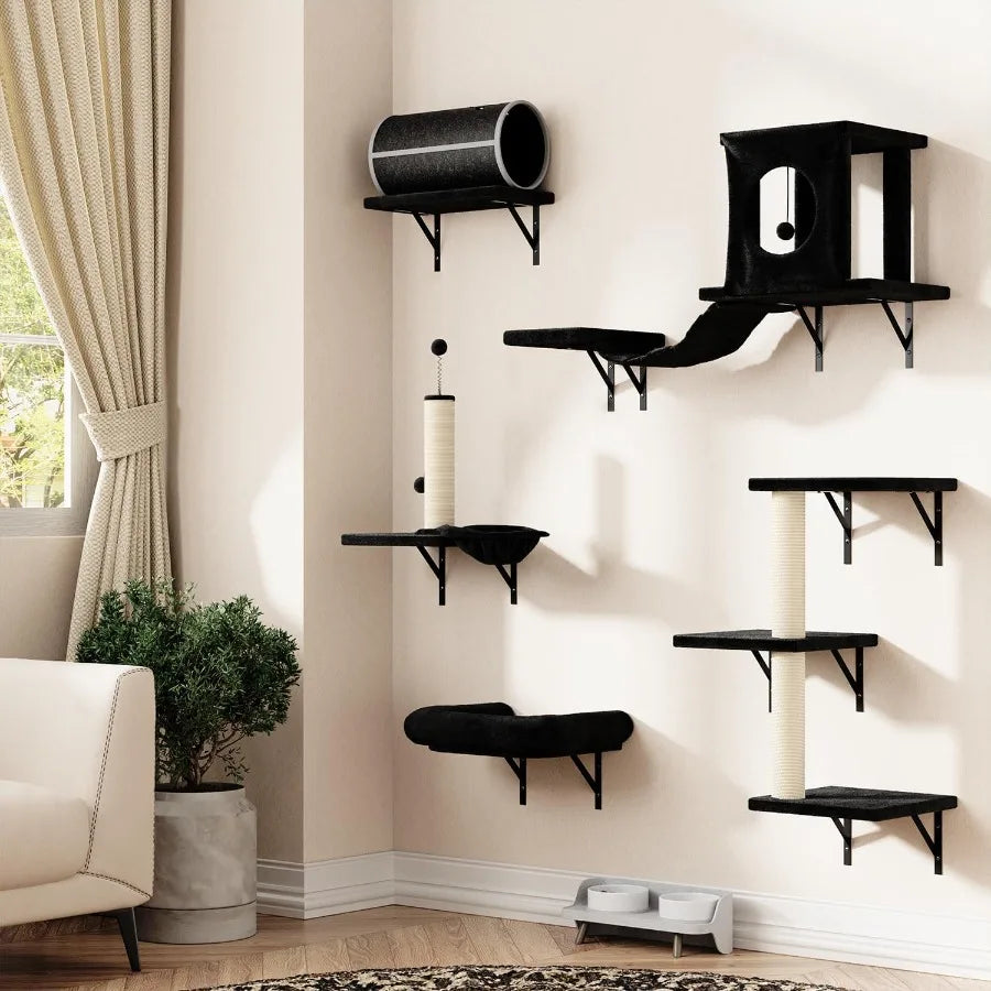 7-in-1 Wall Mounted Cat Climber Set with Integrated House Tunnel Bridge Steps Scratcher Hammock and Multiple Shelves Designed f