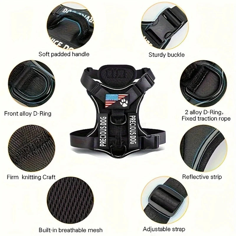 Service Dog Harness, Reflective Dog Vest Harness with 5 PCS Patches, Adjustable Soft Oxford Pet Harness, Inner Layer Mesh, Easy