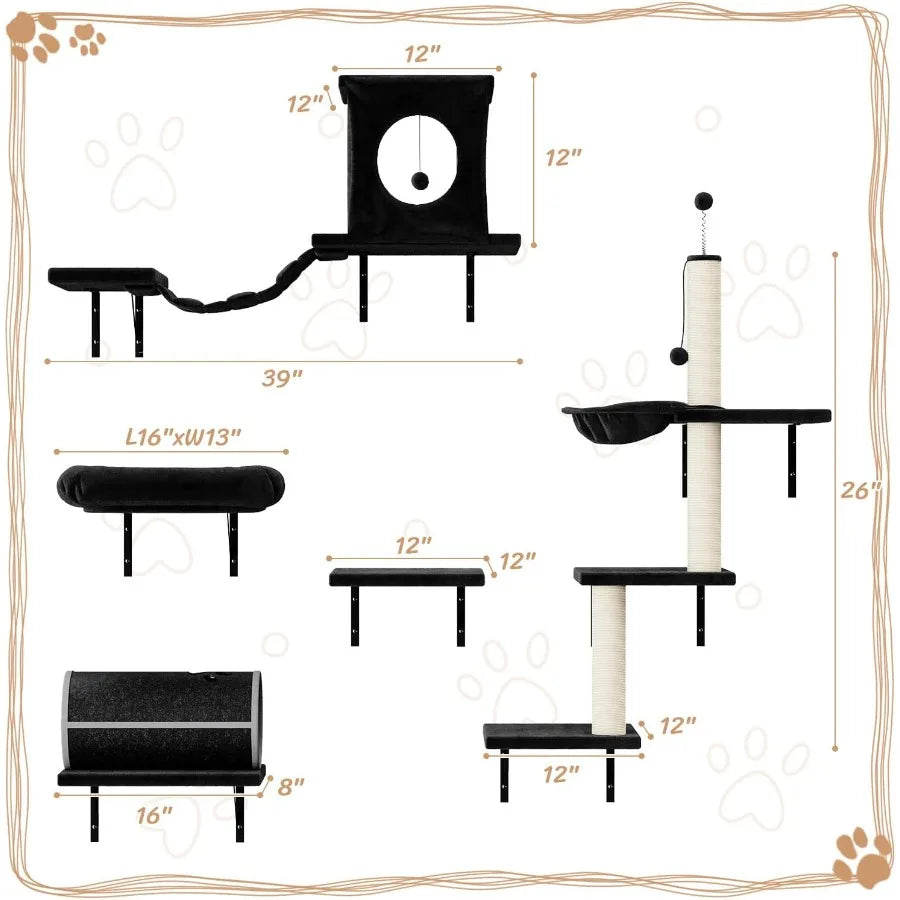 7-in-1 Wall Mounted Cat Climber Set with Integrated House Tunnel Bridge Steps Scratcher Hammock and Multiple Shelves Designed f