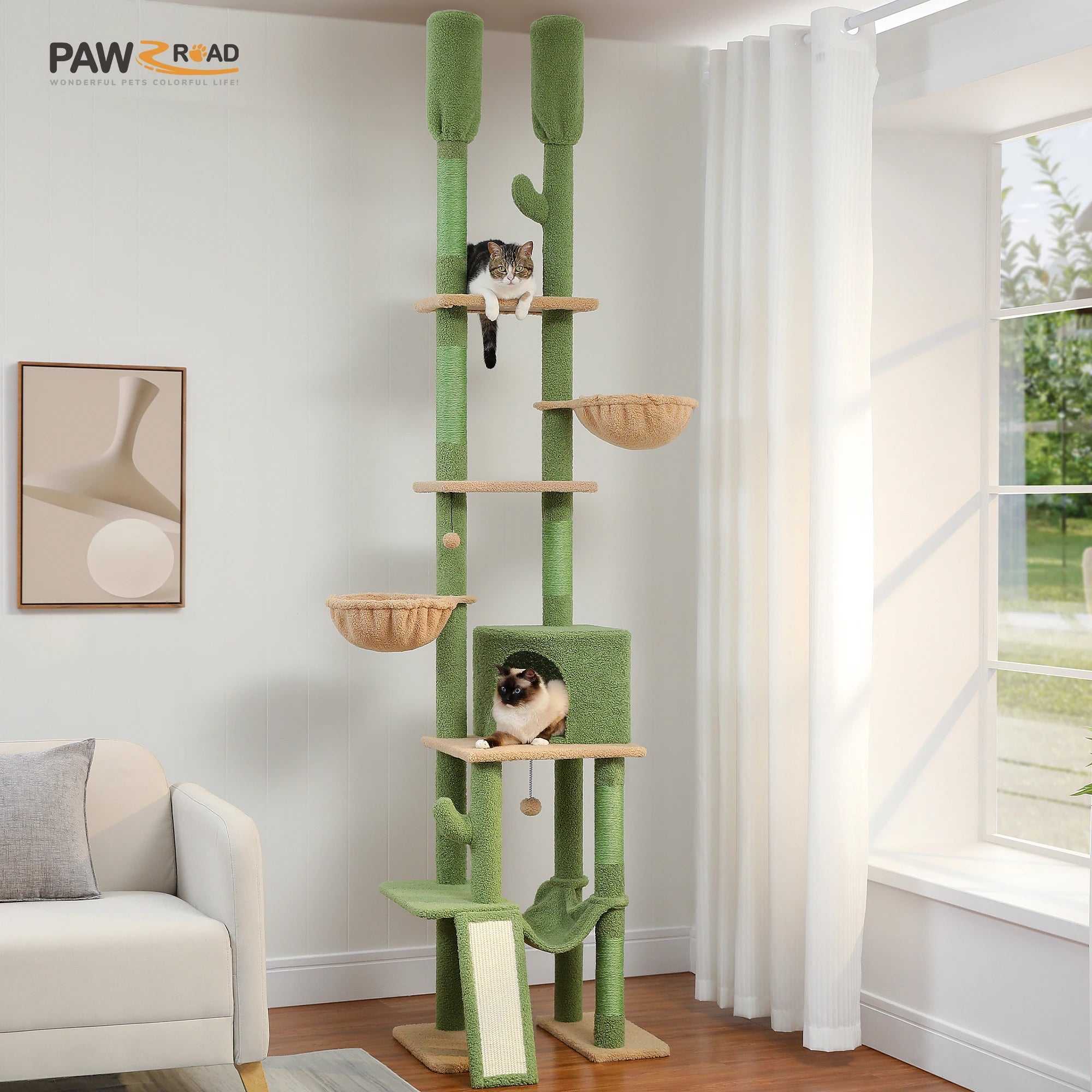 Floor to Ceiling Cat Tree with Sisal Scratching Posts Cozy Condo Hammock Adjustable Height Tall Cat Tower for Indoor Cat Toys