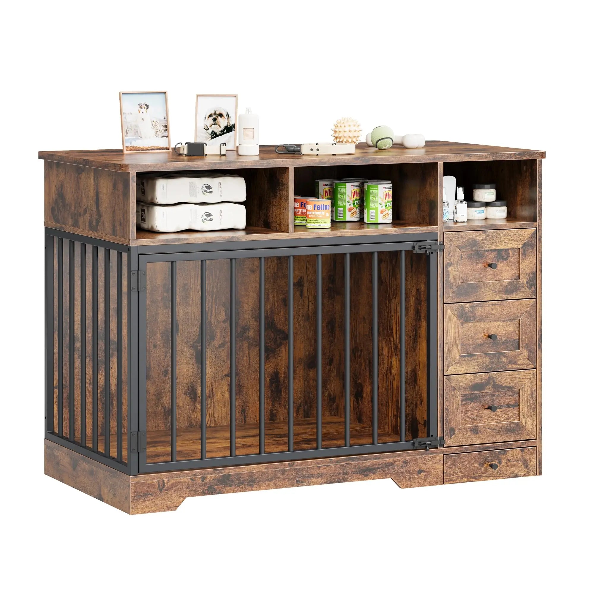 48 Inch Large Farmhouse Wooden Dog Crate Furniture With 6 Storage Drawers Feeding Station Heavy Duty Dog Kennel End Table