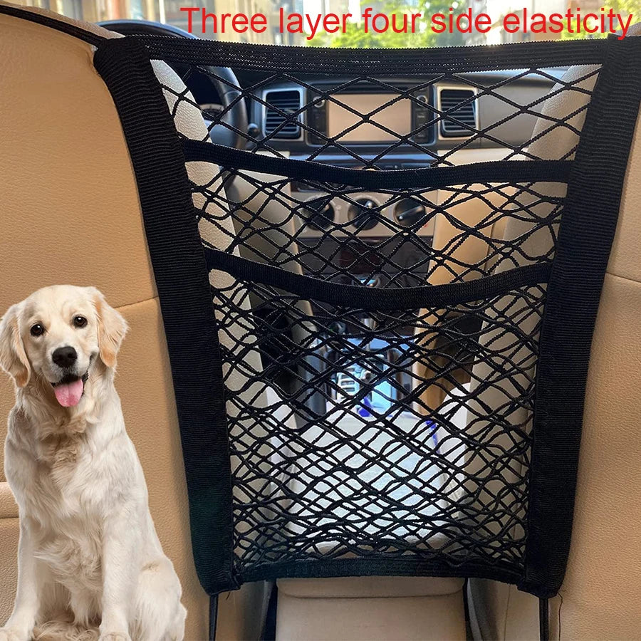 Pet Car Barrier with Automatic Safety Mesh Storage Bag Back Seat Safety Protector Mesh Net
