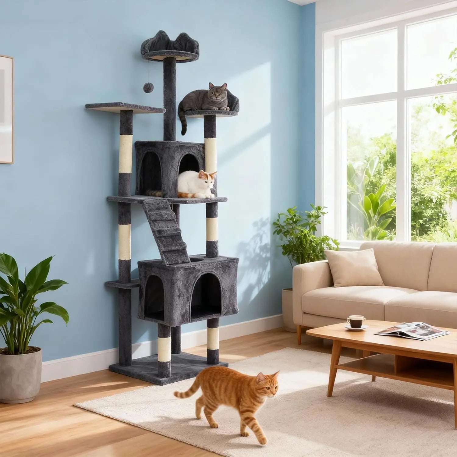 74" Tall Cat Tree For Large Cats Heavy Duty Multi-Level Anti-Tip Cat Tower With 6 Scratching Posts Top Perch & Cozy Rest Areas