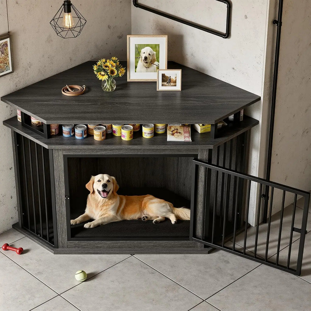 51" Corner Wooden Dog Crate with 2-Tier Shelves, Large Pet Kennel Furniture, Space-Saving Indoor Cage