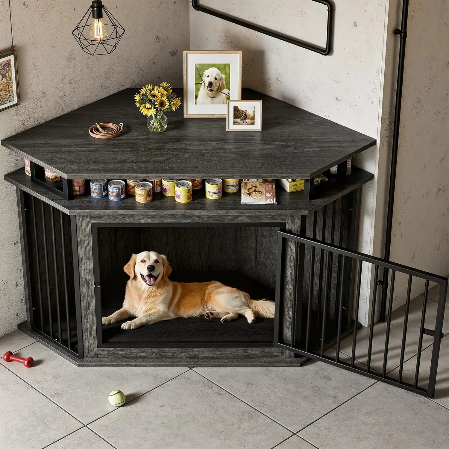 51" Corner Wooden Dog Crate with 2-Tier Shelves, Large Pet Kennel Furniture, Space-Saving Indoor Cage