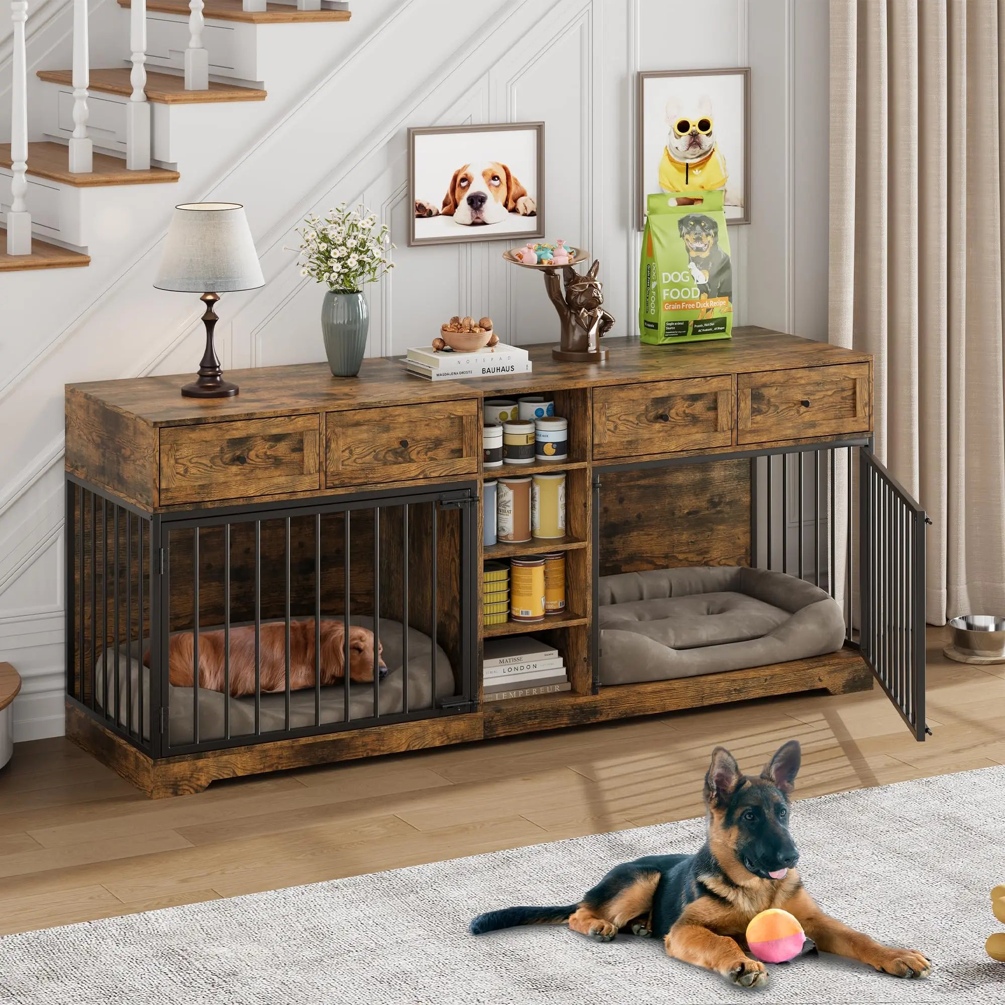82'' Large Double Dog Crate Furniture TV Stand With 4 Drawers Shelves Heavy Duty Wooden Indoor Kennel For 2 Medium Large Dogs