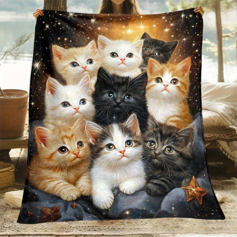 1pc Multicolor Cat Flannel Throw Blanket All-Season Warm Lightweight Digital Print for Sofa Bed Travel Office Living Room