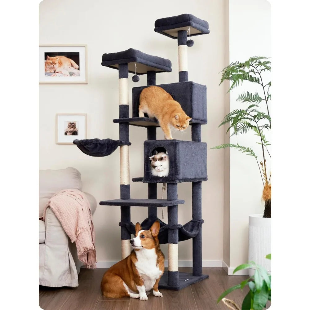Cat Tree, 73.6 inch Cat Tower for Large Cat Indoor, 2 Top Perches with 1 Widened, 2 Condos with 1 Enlarged, Steel Frame Hammock