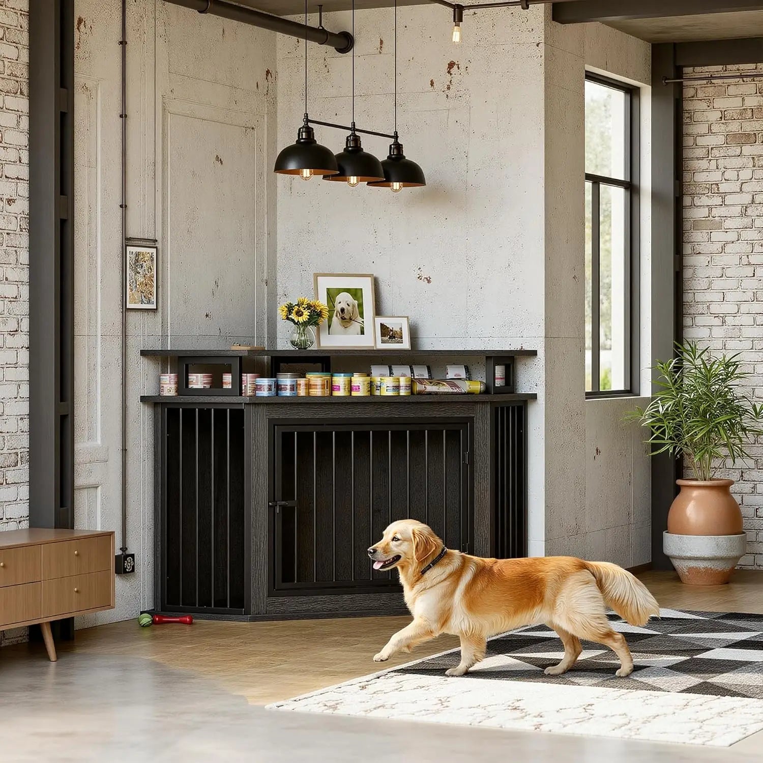 51" Corner Wooden Dog Crate with 2-Tier Shelves, Large Pet Kennel Furniture, Space-Saving Indoor Cage