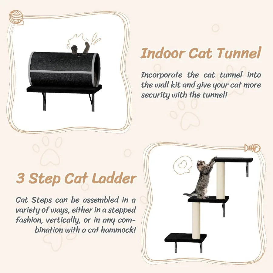 7-in-1 Wall Mounted Cat Climber Set with Integrated House Tunnel Bridge Steps Scratcher Hammock and Multiple Shelves Designed f