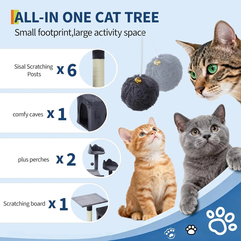 74" Tall Cat Tree For Large Cats Heavy Duty Multi-Level Anti-Tip Cat Tower With 6 Scratching Posts Top Perch & Cozy Rest Areas