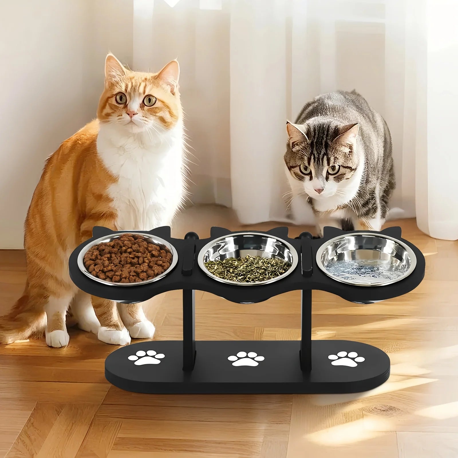 Elevated Bowls 15° Tilted Raised Food Bowls with Wooden Stand Anti Vomiting 3 Stainless Steel Bowls for Cats and Puppy