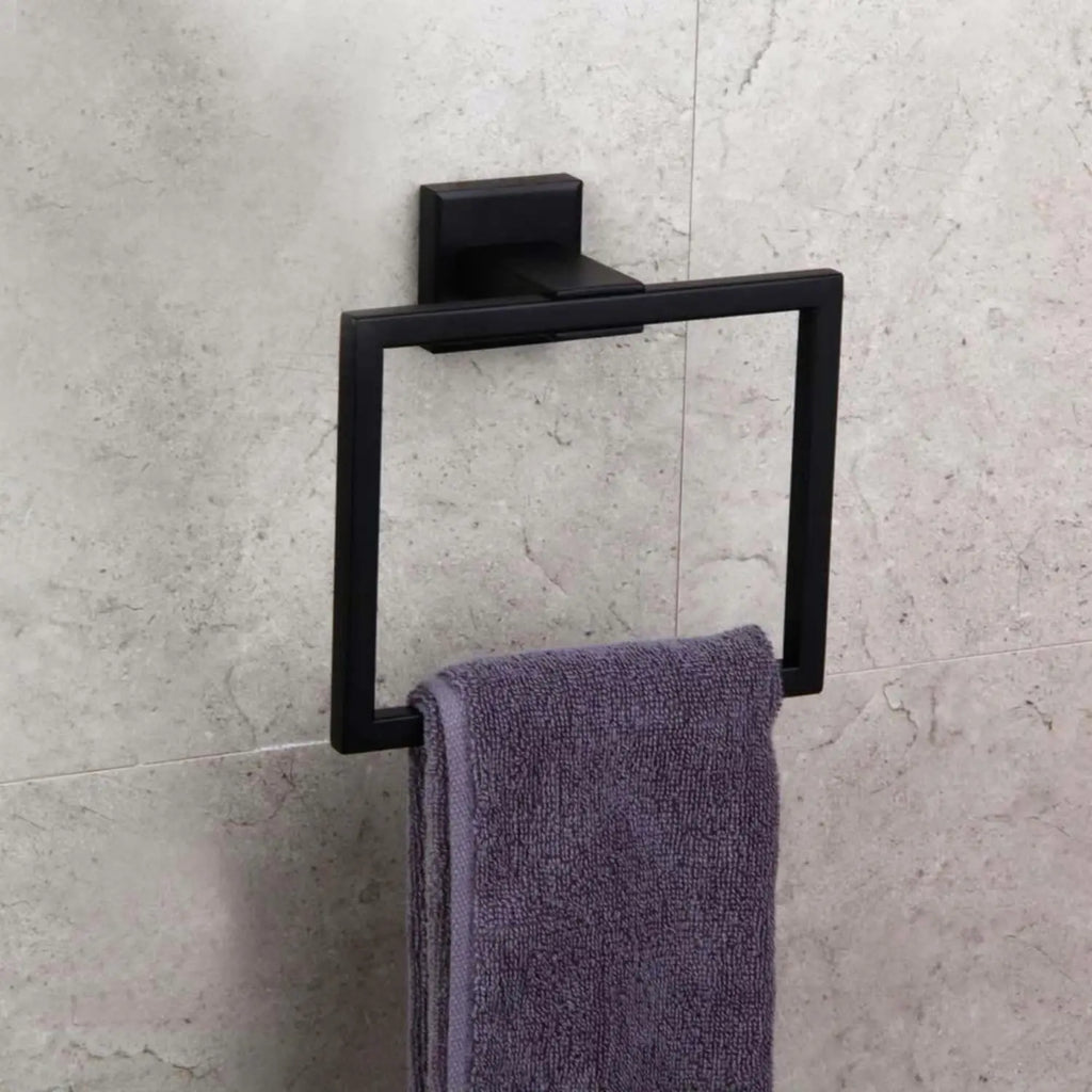 Square Towel Ring Matte Black Hand Towel Holder, Stainless Steel Towel Rack for Bathroom Wall Mounted Kitchen Towel Holder
