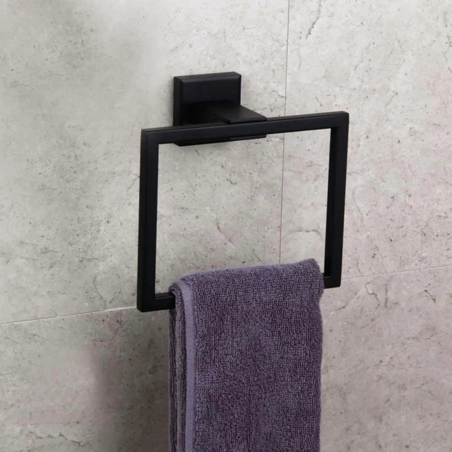 Square Towel Ring Matte Black Hand Towel Holder, Stainless Steel Towel Rack for Bathroom Wall Mounted Kitchen Towel Holder