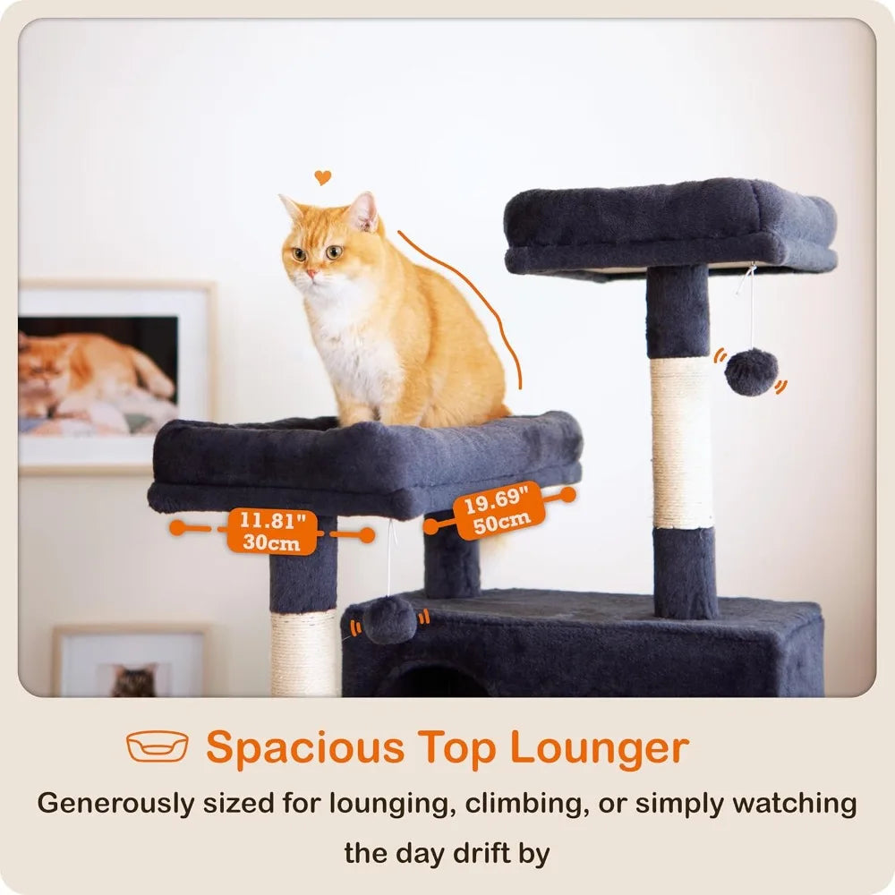 Cat Tree, 73.6 inch Cat Tower for Large Cat Indoor, 2 Top Perches with 1 Widened, 2 Condos with 1 Enlarged, Steel Frame Hammock