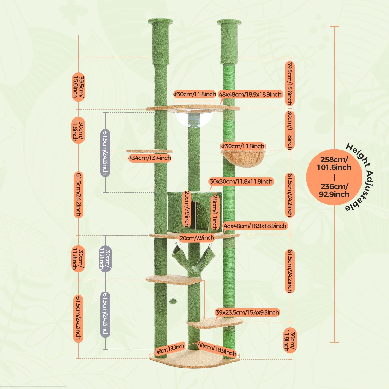 Floor to Ceiling Cat Tree with Sisal Scratching Posts Cozy Condo Hammock Adjustable Height Tall Cat Tower for Indoor Cat Toys