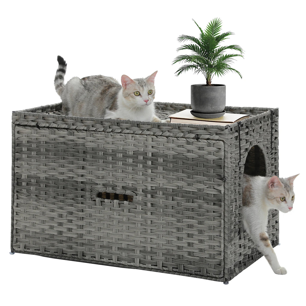 Rattan Cat Litter Box Enclosure Furniture with Door, Handwoven Rattan Hidden Litter Box Living Room Odor Control, Cat House Bed