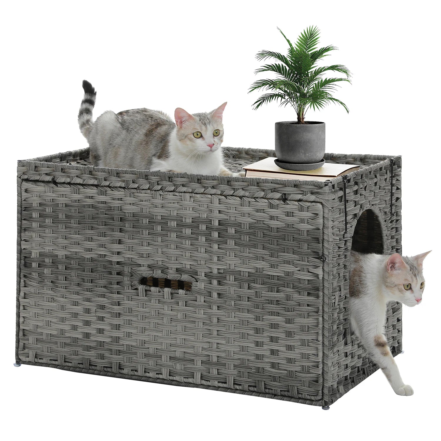 Rattan Cat Litter Box Enclosure Furniture with Door, Handwoven Rattan Hidden Litter Box Living Room Odor Control, Cat House Bed
