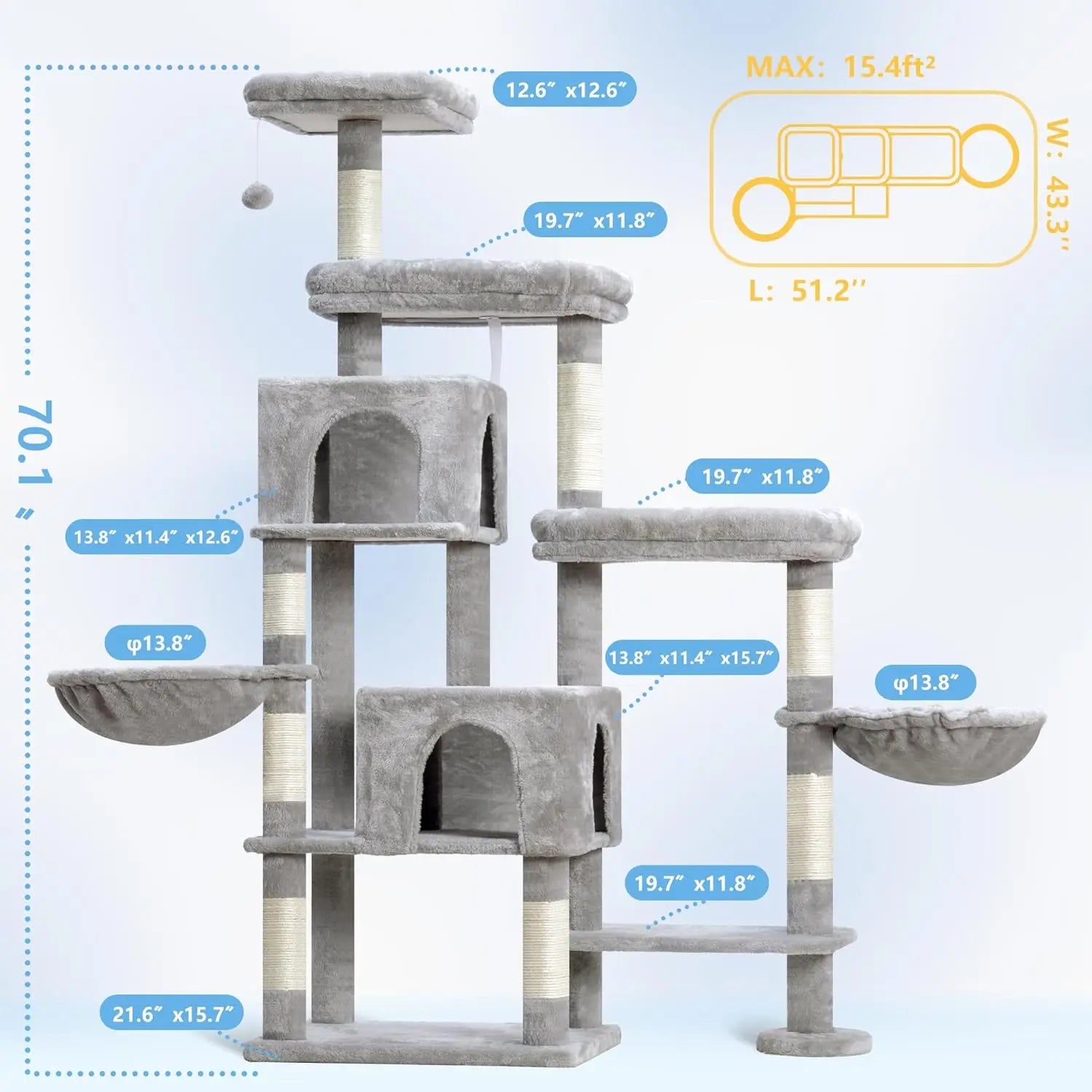 70-Inch Cat Tree Tower with Rotatable Extension, Large Beds, Condos, Hammocks for Indoor Cats in Light Gray